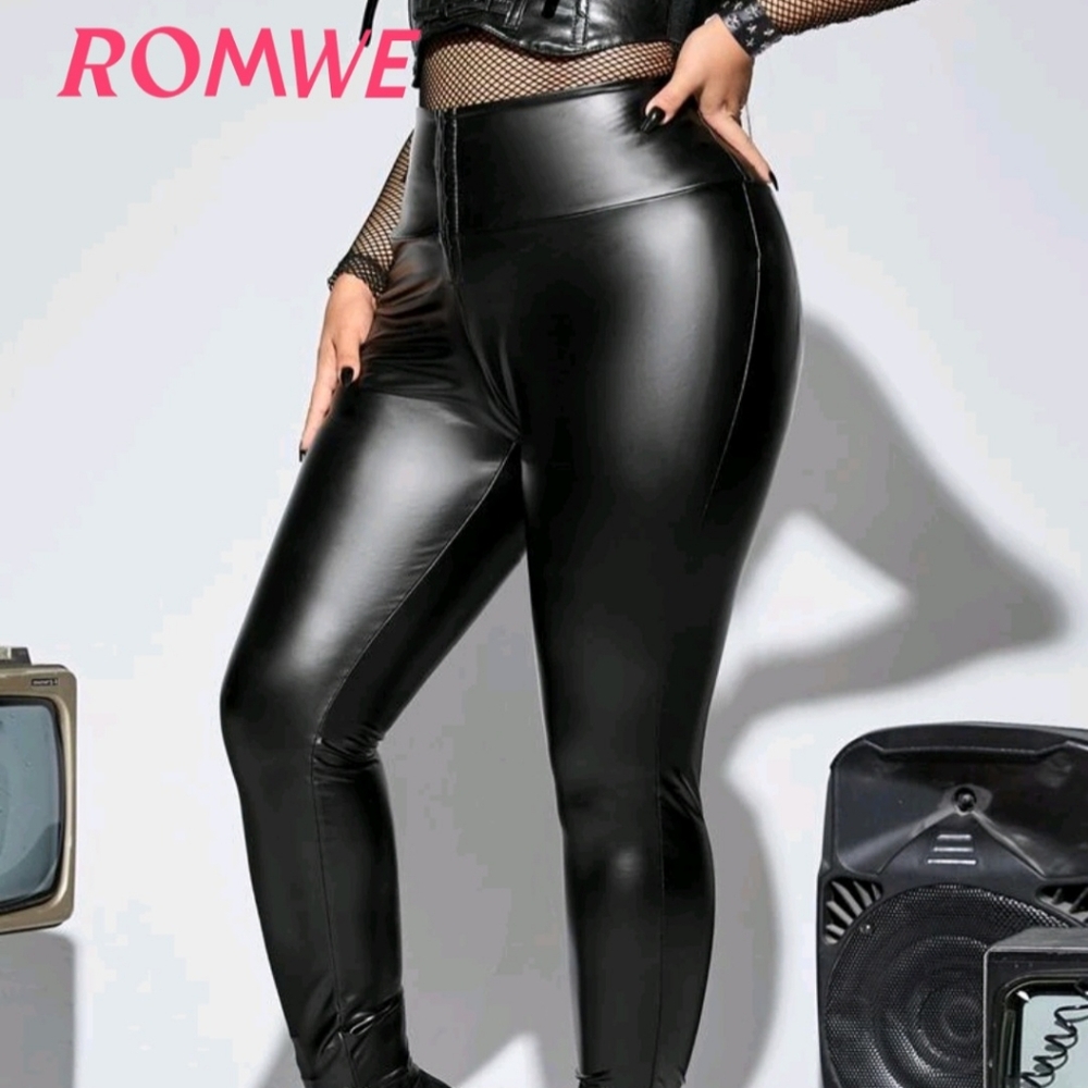 ROMWE Punk Plus High Waist Black Faux Leather Skinny Pants
